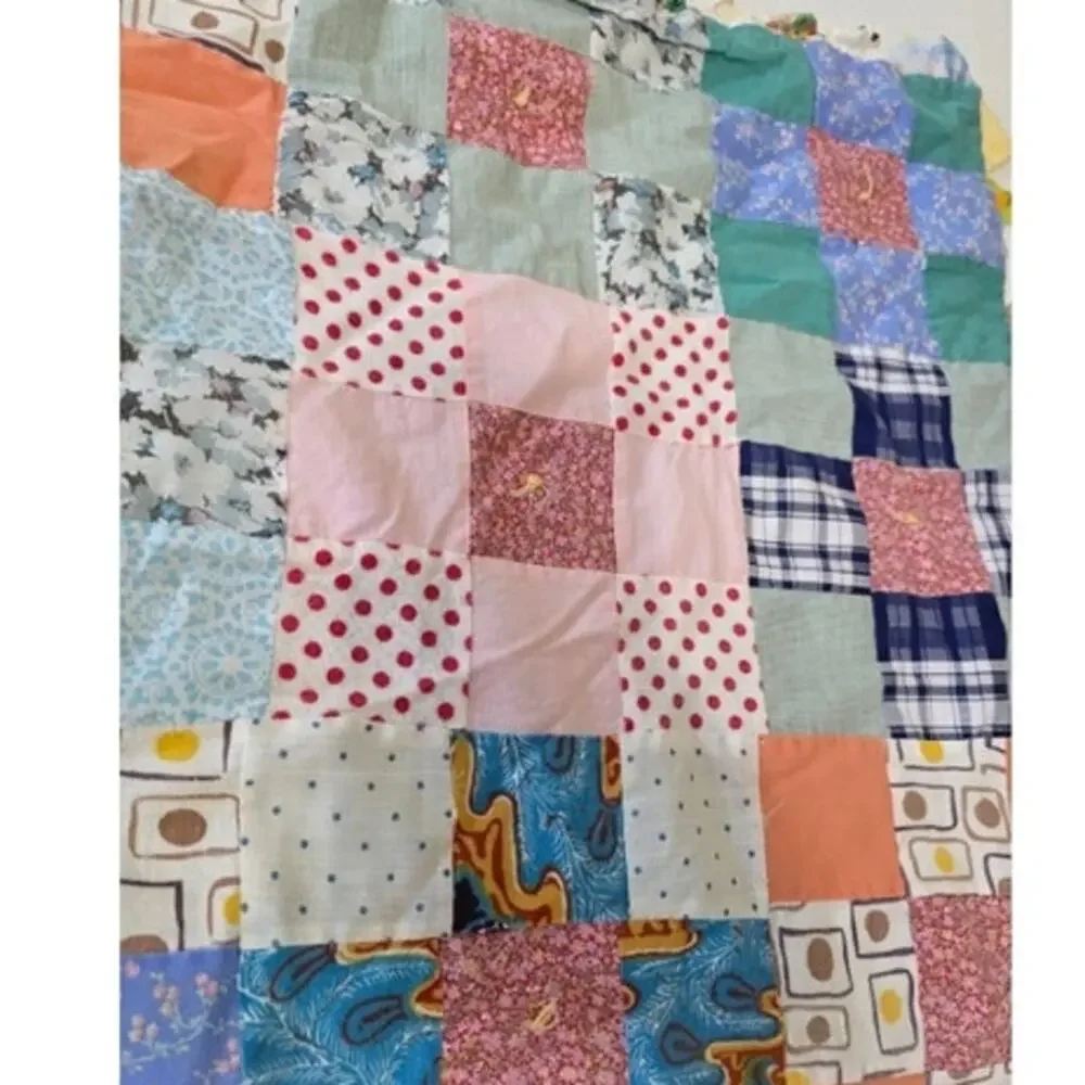 VTG Handmade Colorful Scrappy Memory Lap Blanket Crib Tied Quilt Granny Cottage